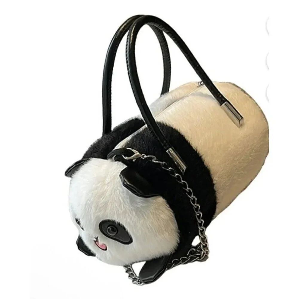 Plush Panda Bear Handle Hand Held Bag Girls Small Cute Crossbody Purse New
